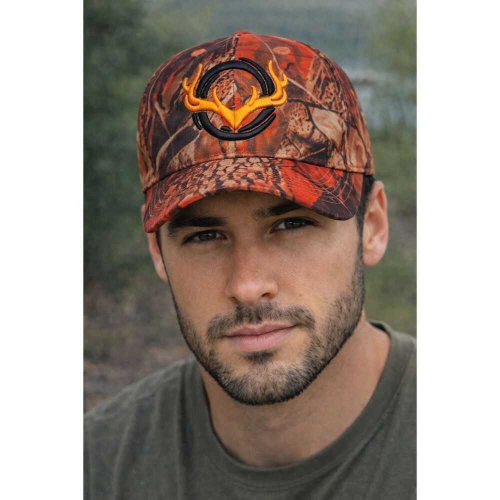 NEW Blaze Orange Camo Deer Antler Logo Hunting Hat Adjustable Cap